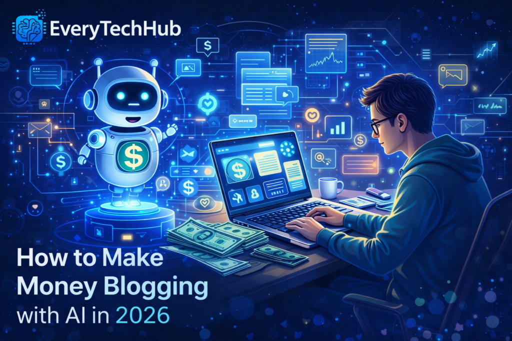 Illustration showing AI-powered blogging, a blogger earning money using artificial intelligence tools in 2026, by EveryTechHub