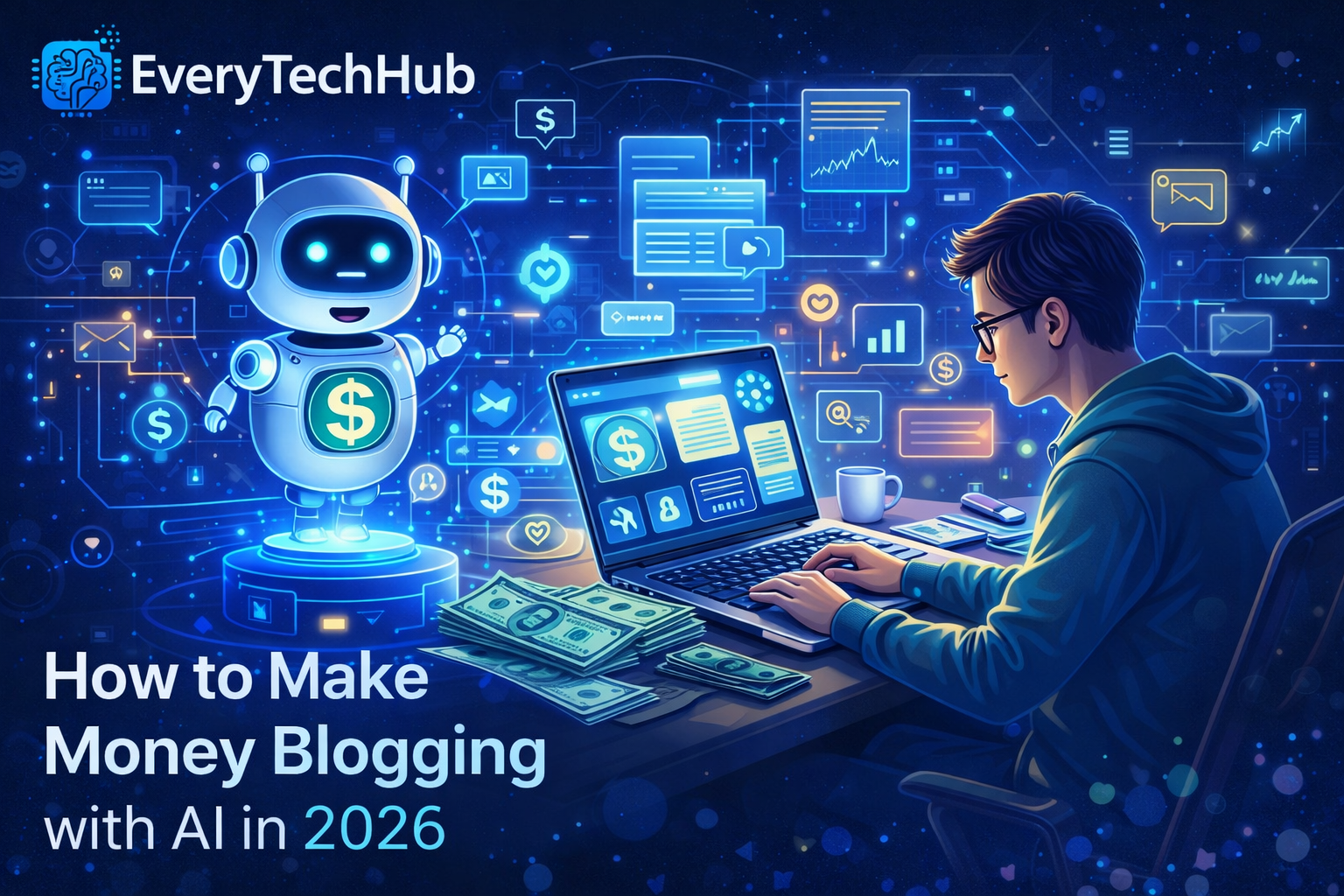 Illustration showing AI-powered blogging, a blogger earning money using artificial intelligence tools in 2026, by EveryTechHub