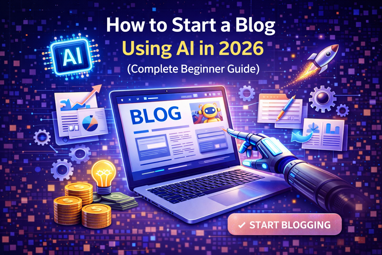 Laptop with AI icons, robot hand, charts, and rocket illustrating how to start a blog using AI in 2026.