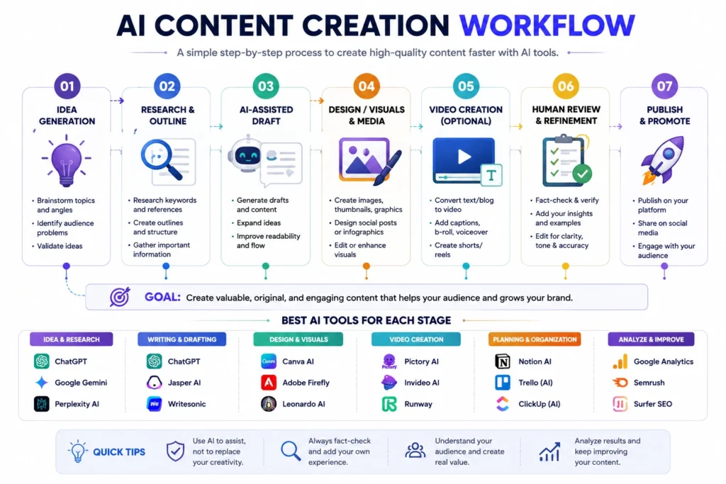 AI content creation workflow from idea generation and research to drafting, design, review, and publishing