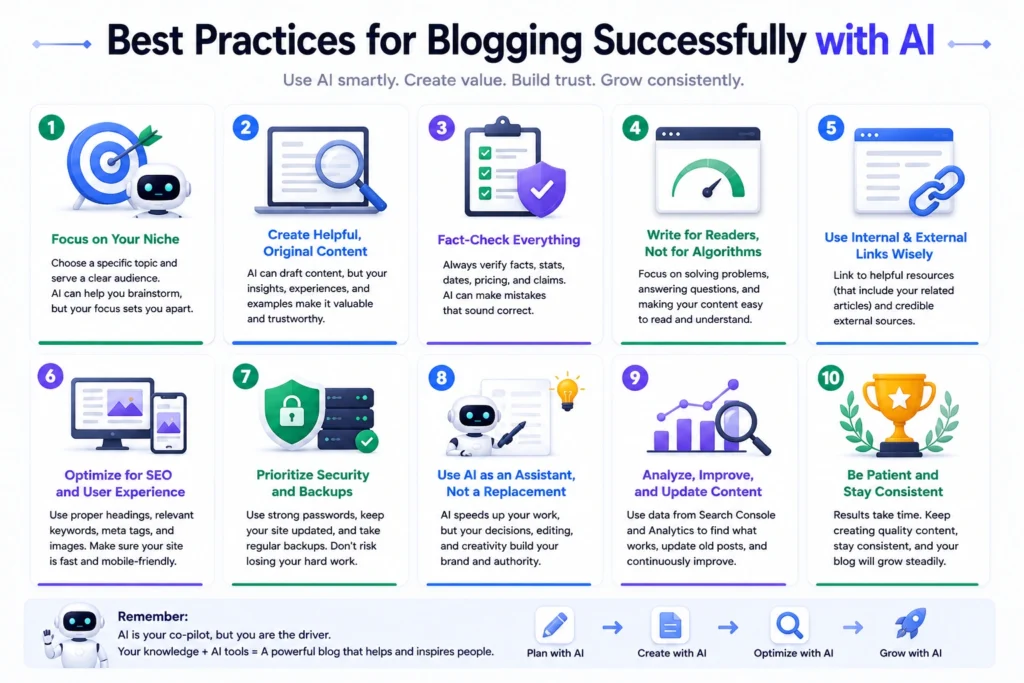 Best practices for blogging with AI including content quality, SEO, fact-checking, security, and analytics