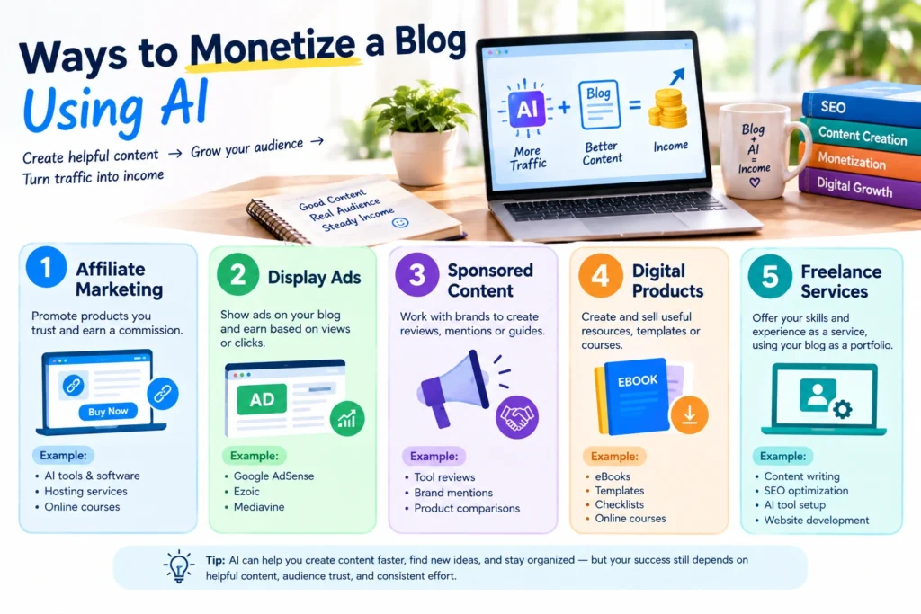 Five ways to monetize a blog using AI: affiliate marketing, display ads, sponsored content, digital products, and freelance services