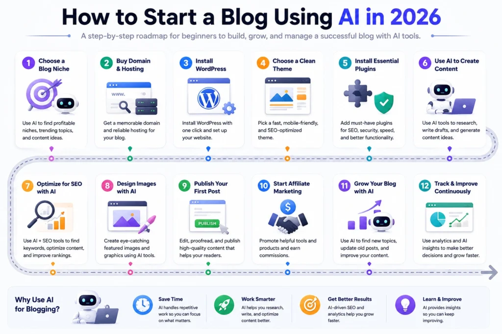 12-step roadmap for starting and growing a blog using AI in 2026