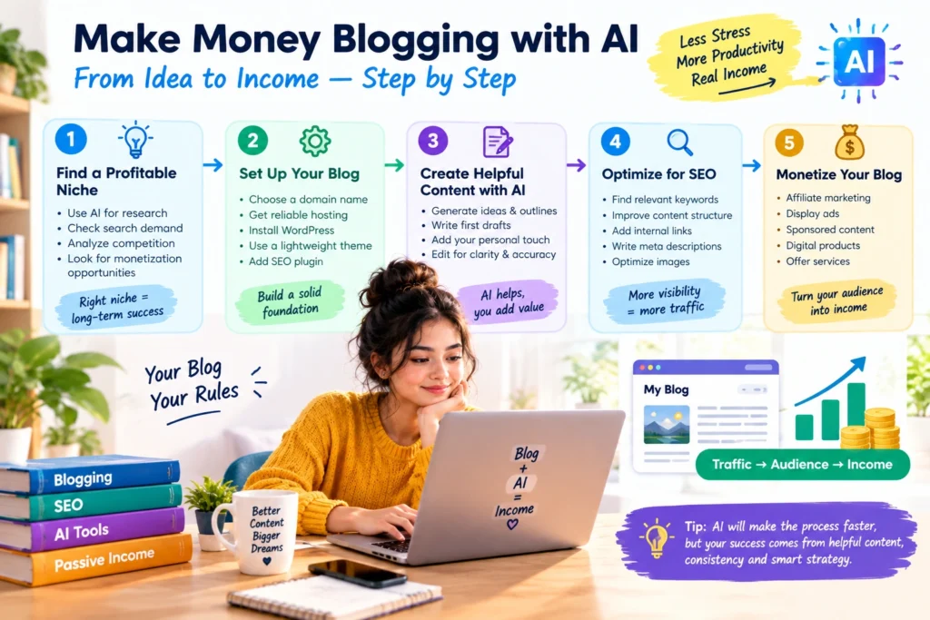 Step-by-step process to make money blogging with AI from choosing a niche to monetizing a blog