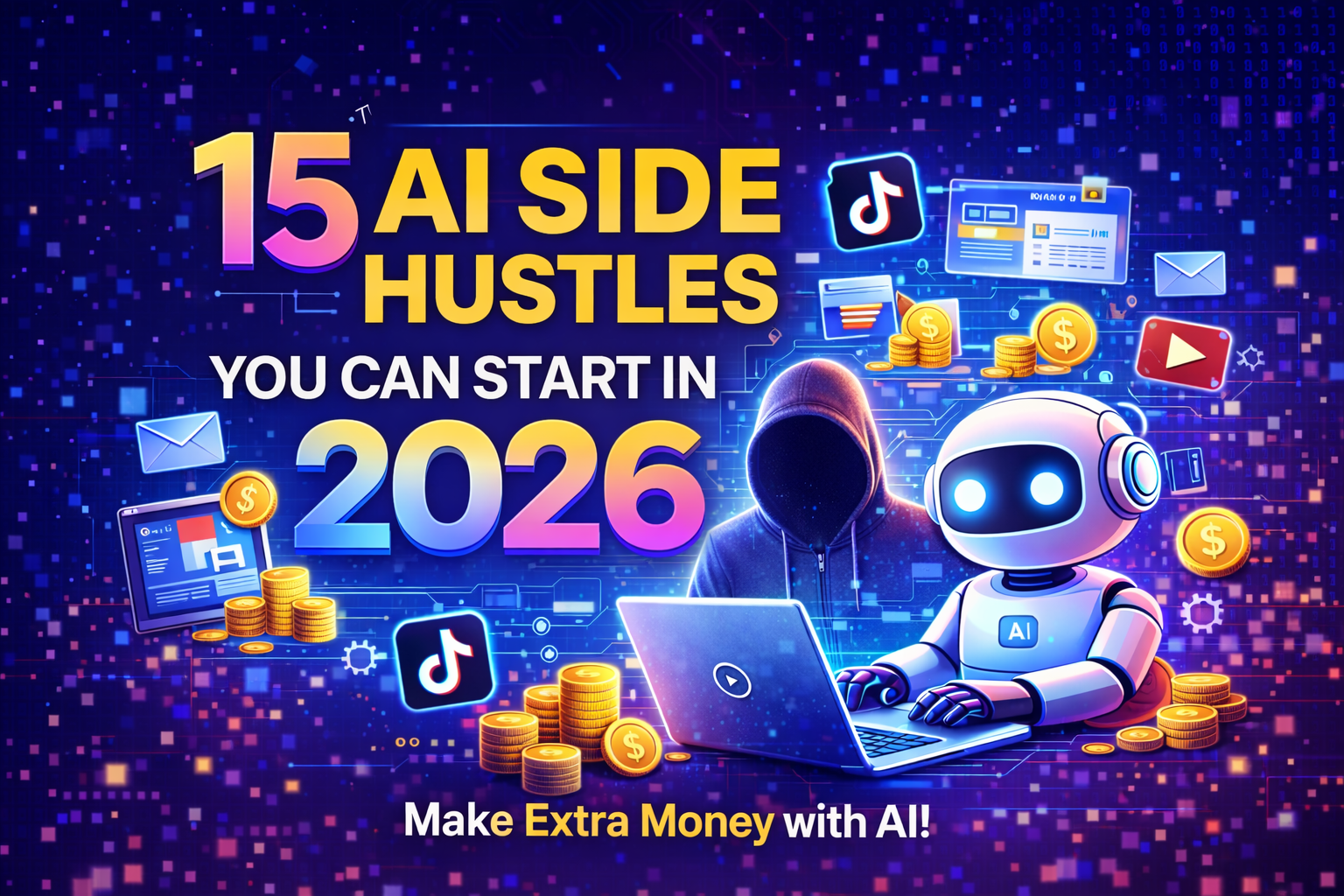 Colorful digital illustration showing AI side hustles, robot and creator working on laptop with money and social media icons representing earning online with AI.