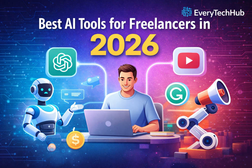 Illustration of AI tools for freelancers in 2026 with EveryTechHub logo and digital workspace.
