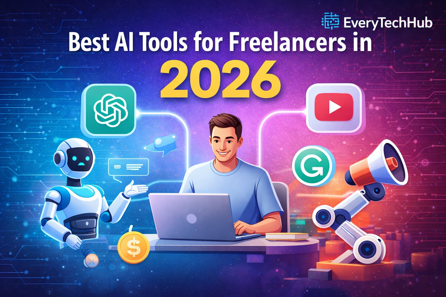 Illustration of AI tools for freelancers in 2026 with EveryTechHub logo and digital workspace.