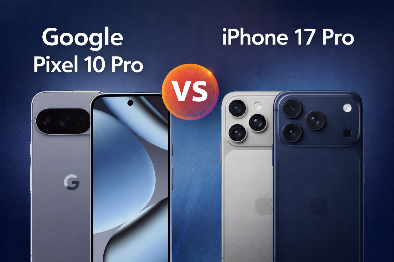 Google Pixel 10 Pro vs iPhone 17 Pro side by side comparison showing rear camera design and front display