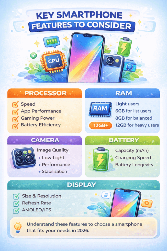 Infographic showing important smartphone features like processor, RAM, battery, camera, and display