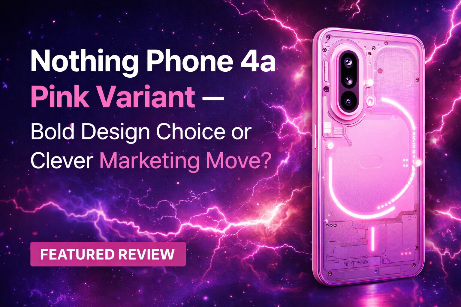 Nothing Phone 4a Pink Variant with glowing Glyph lights on a purple lightning background with bold review headline text.