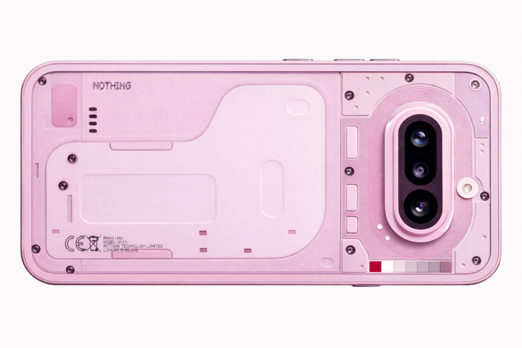 Nothing Phone 4a pink variant showing transparent back design with Glyph lights