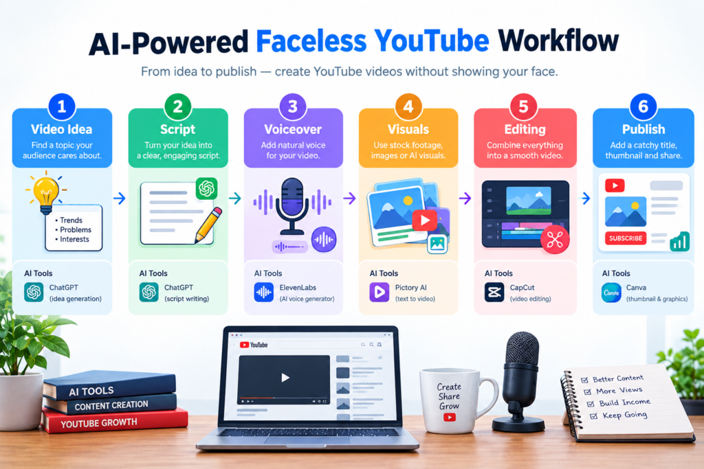 AI-powered faceless YouTube video creation workflow from idea and script to publishing