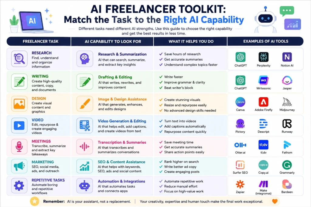AI freelancer toolkit matching research, writing, design, video, meetings, marketing, and repetitive tasks with AI capabilities