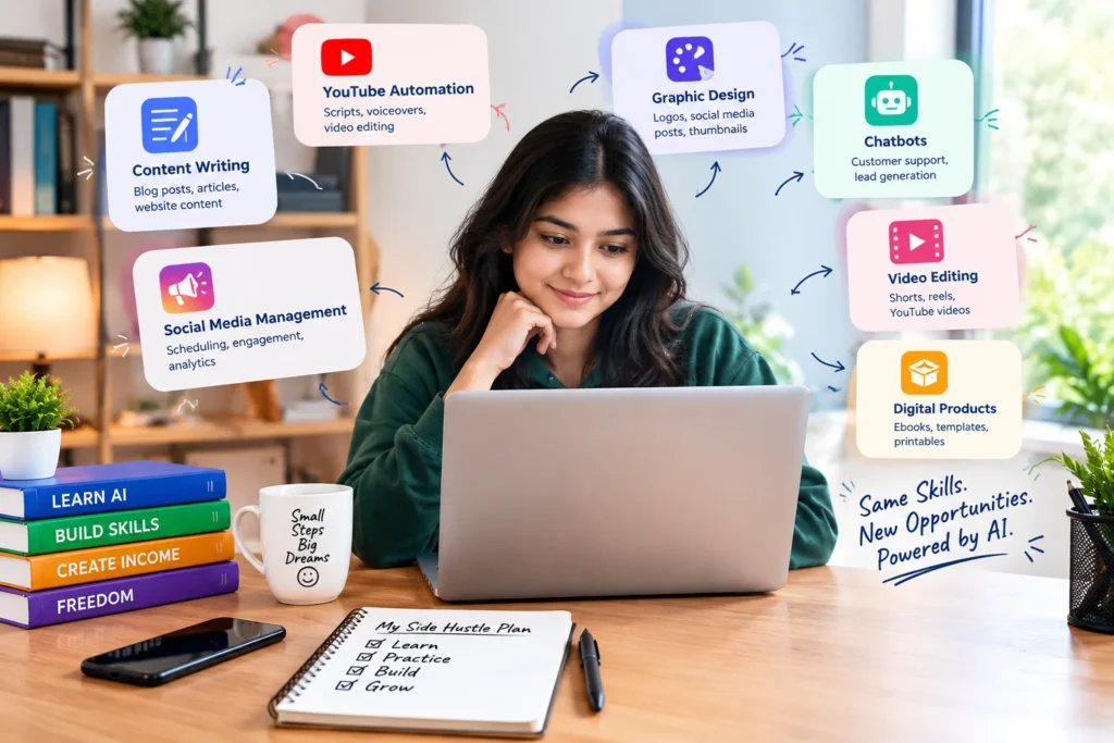 AI side hustle opportunities for beginners using different digital skills