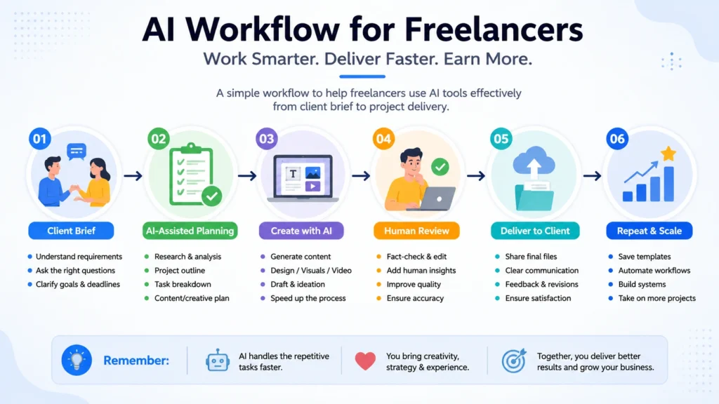 AI workflow for freelancers from client brief and planning to creation, review, delivery, and scaling