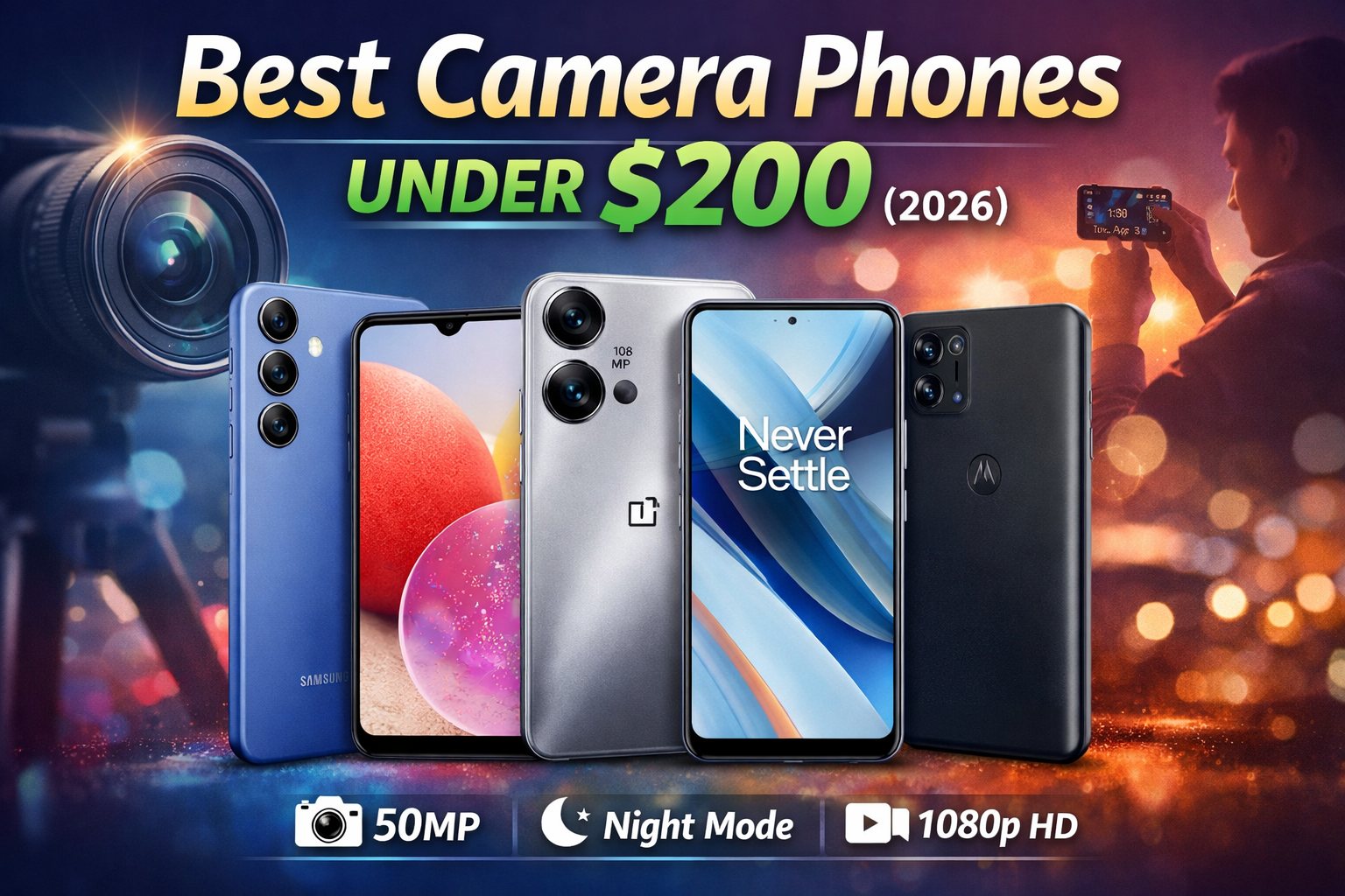 best camera phone under $200 2026 featuring Samsung Galaxy A15 5G, OnePlus Nord N30 and Motorola Moto G Power