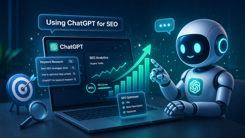 Illustration showing how to use ChatGPT for SEO with AI-powered keyword research, content optimization dashboard, and organic traffic growth chart on a laptop screen.