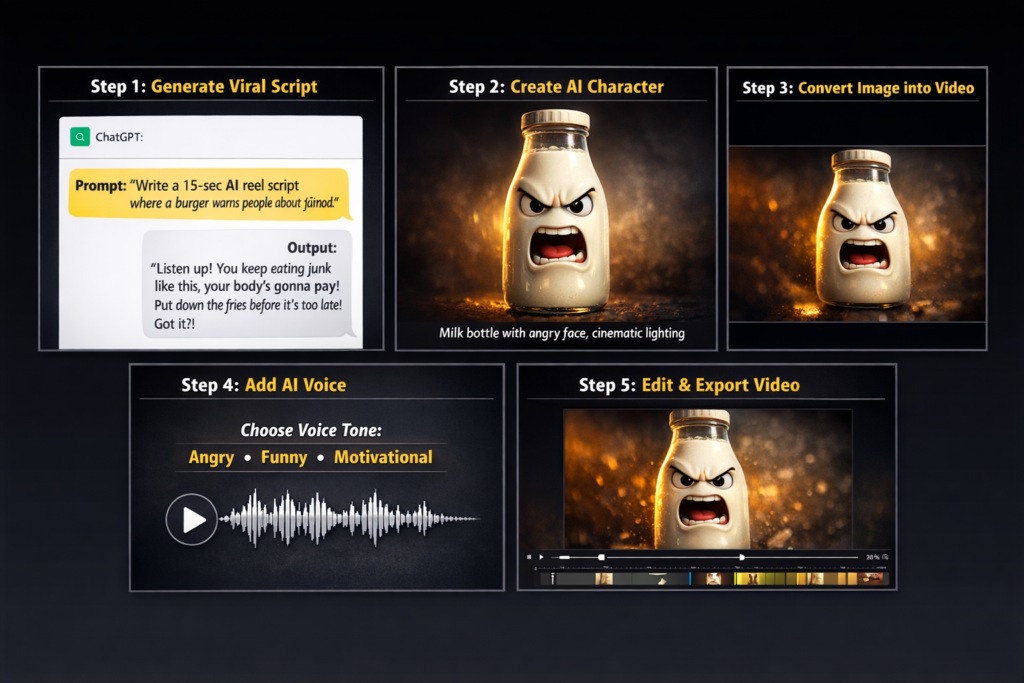 Step by step process to create AI talking object videos using ChatGPT, AI image generator, video tools and AI voice