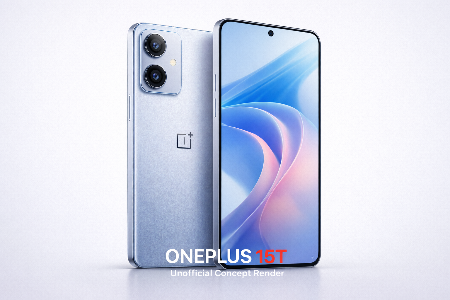Unofficial OnePlus 15T concept render showing slim bezels, dual rear camera setup and compact 6.32-inch display design.