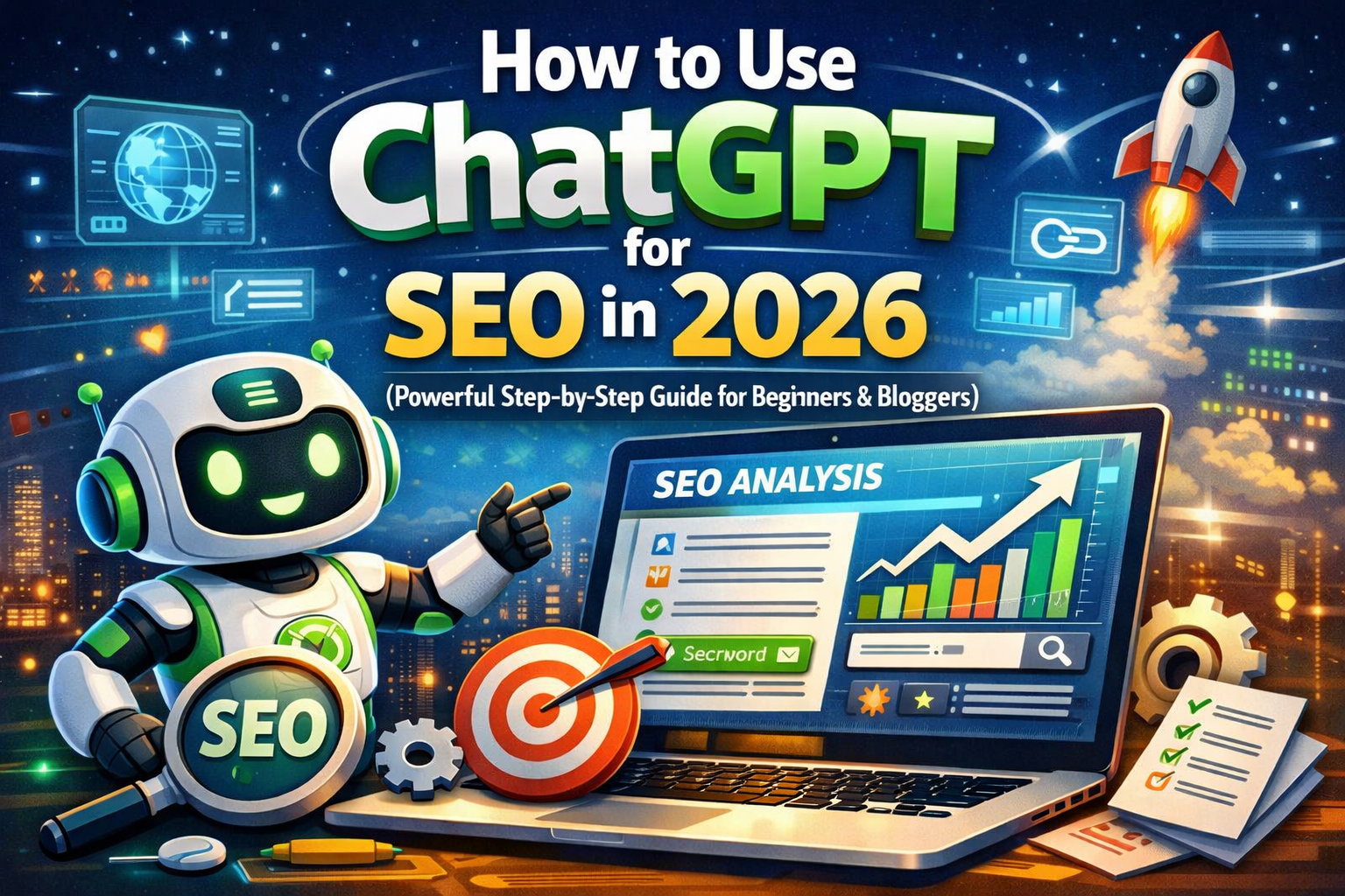 Illustration of a ChatGPT robot analyzing SEO data on a laptop with keyword research, analytics charts, and growth graph for a 2026 blogging guide.