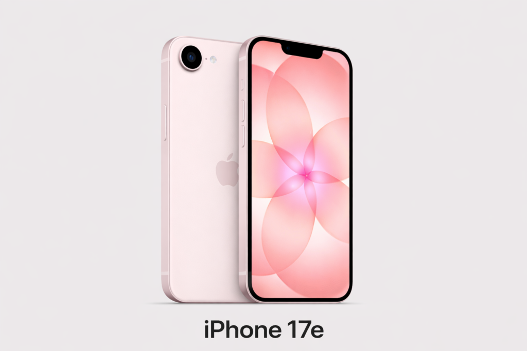Apple iPhone 17e in soft pink with 6.1-inch Super Retina XDR display, A19 chip, 48MP Fusion camera and MagSafe support, shown from front and back.