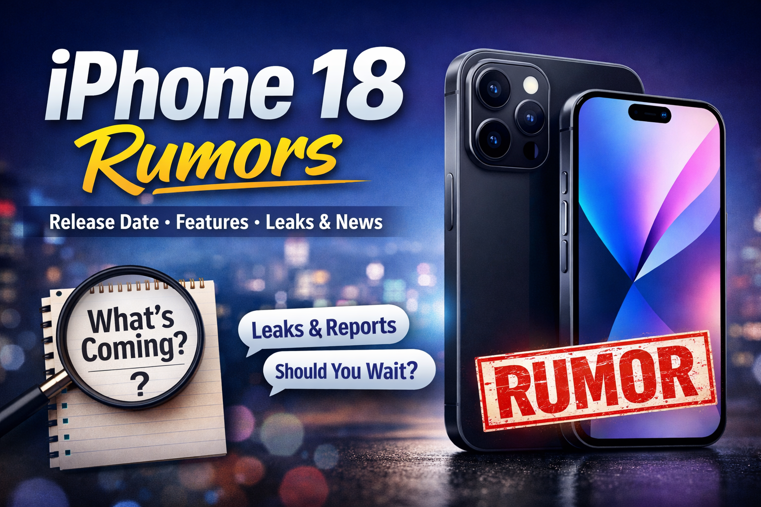Hero image showing a conceptual iPhone 18 design with “iPhone 18 Rumors” headline and highlights about release date, features, leaks, and early expectations.