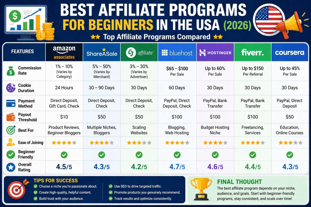 best affiliate programs for beginners in the usa 2026 comparison infographic with commission rates and payout details