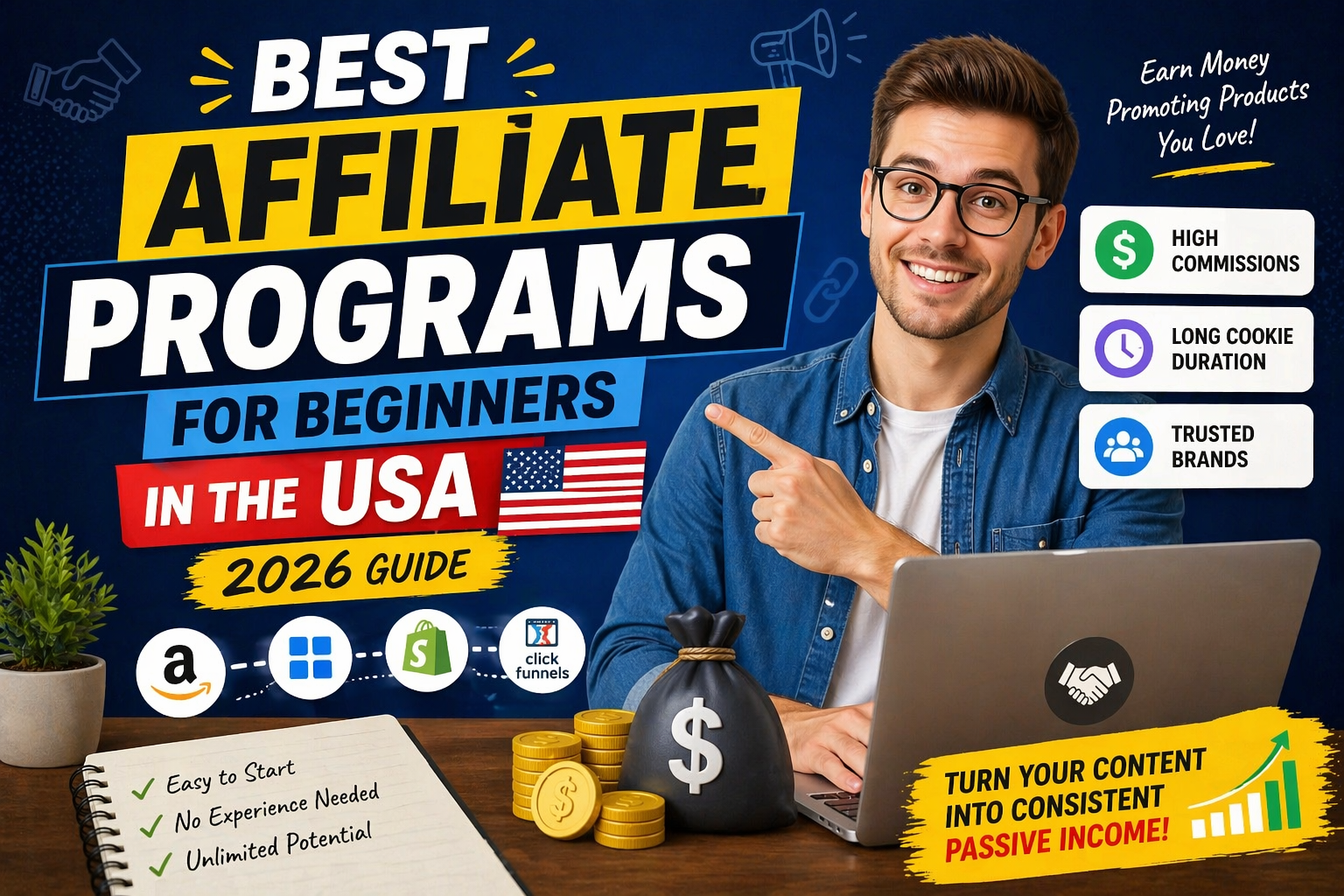 best affiliate programs for beginners in the usa 2026 high commission affiliate marketing illustration