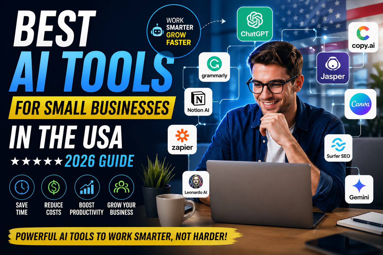 best ai tools for small businesses in the usa 2026 featuring chatgpt jasper canva and ai productivity software