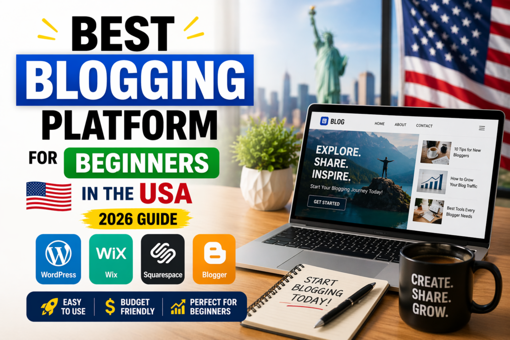 Best blogging platform for beginners in the USA 2026 guide showing WordPress, Wix, Squarespace, and Blogger comparison on a laptop workspace.
