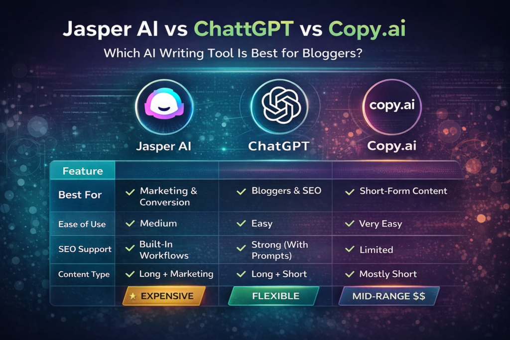 Jasper AI vs ChatGPT vs Copy.ai Comparison Infographic for Bloggers (2026)
