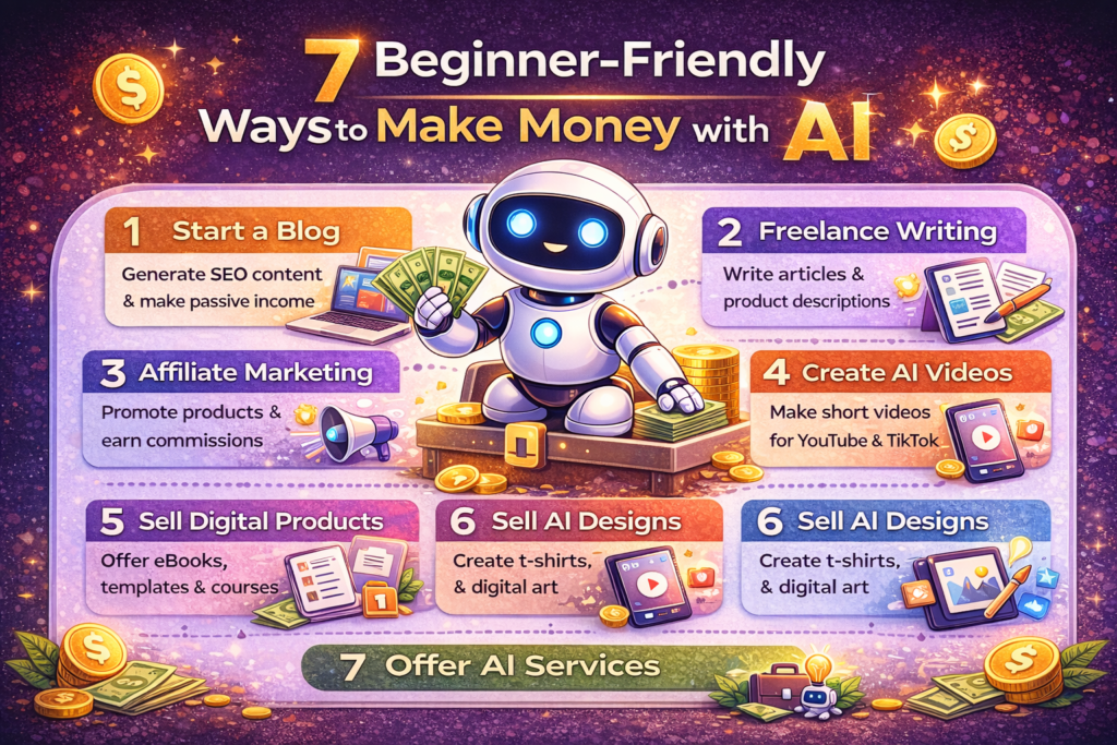7 ways to make money with ai in 2026 infographic showing blogging freelancing affiliate marketing and digital products