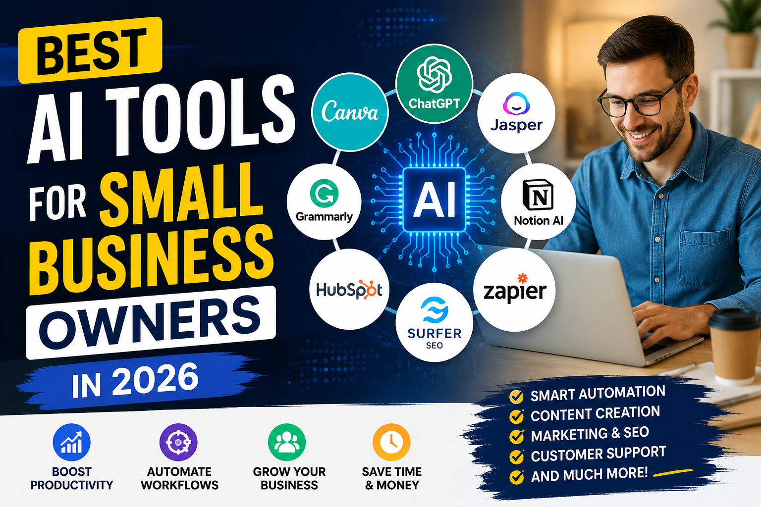best ai tools for small business owners featuring AI software, automation tools, and productivity platforms in 2026