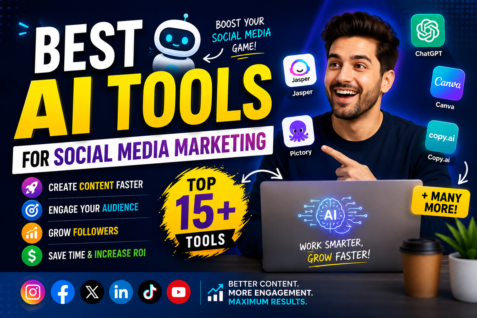 Best AI tools for social media marketing in 2026 including ChatGPT, Canva, Jasper, Copy.ai, and Pictory for content creation and audience growth.