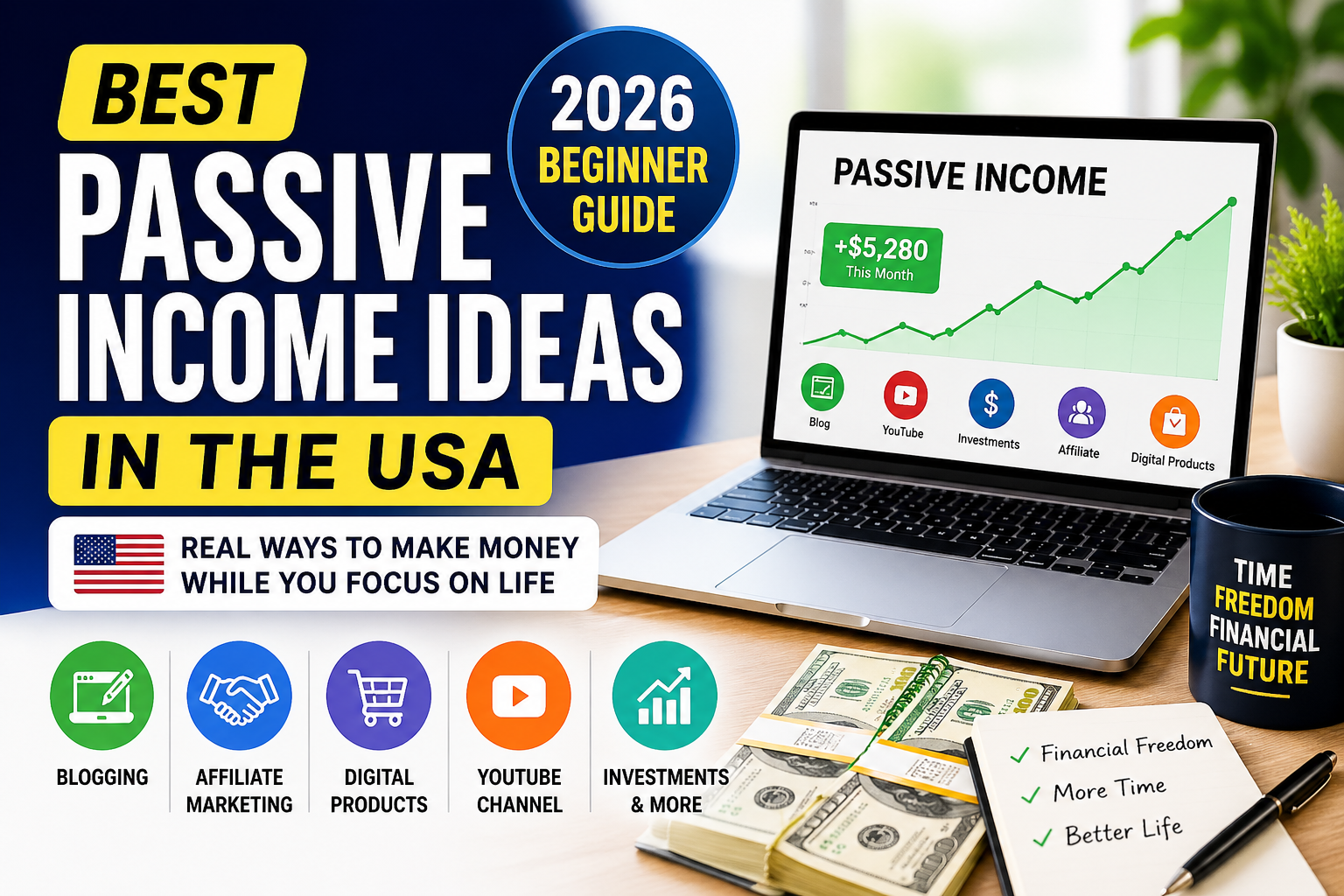 best passive income ideas in the usa 2026 featuring blogging affiliate marketing youtube and digital products