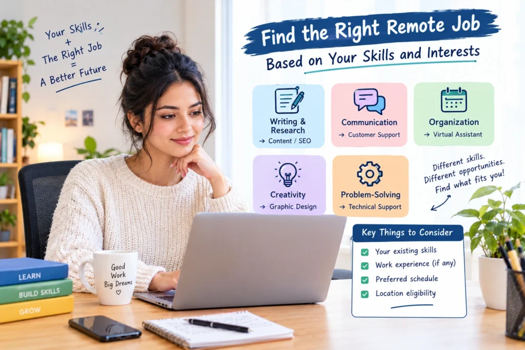Infographic showing how beginners can match their skills and interests with suitable remote jobs.