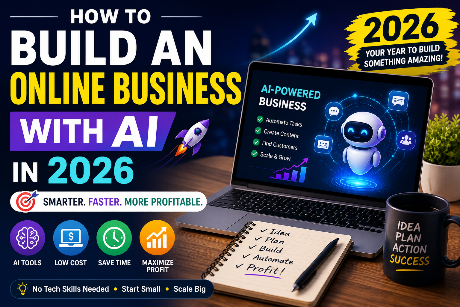How to build an online business with AI in 2026- laptop showing AI tools dashboard, automation workflow, and online income growth chart.