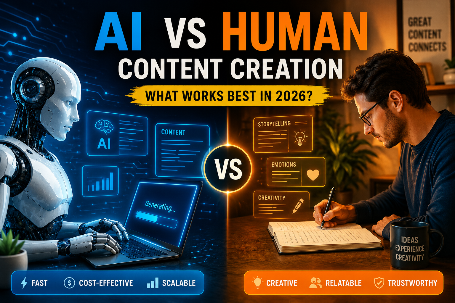 AI vs human content creation comparison showing artificial intelligence and human writers creating content for blogging, SEO, and digital marketing