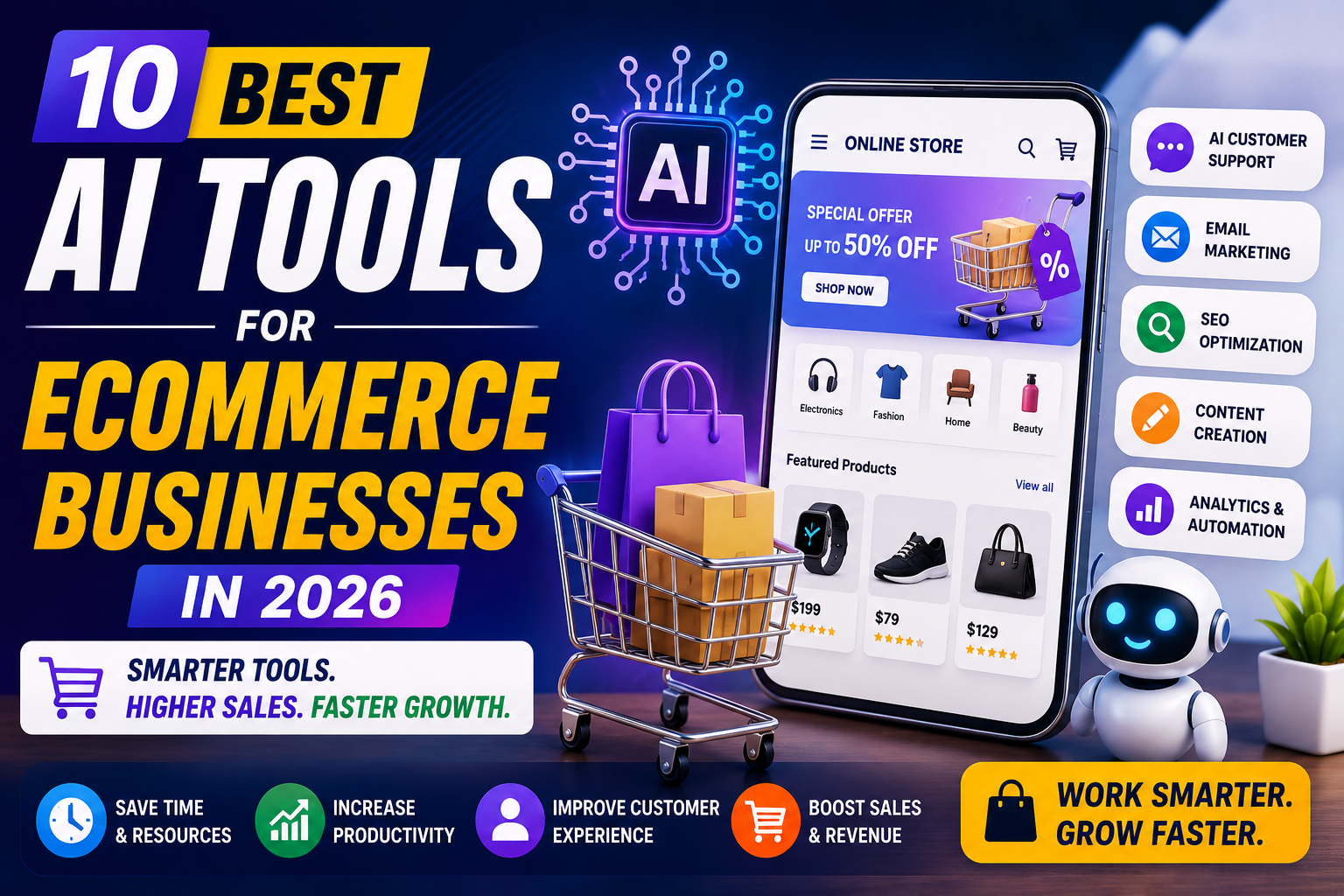best ai tools for ecommerce businesses helping online stores automate marketing, customer support, SEO, and sales growth