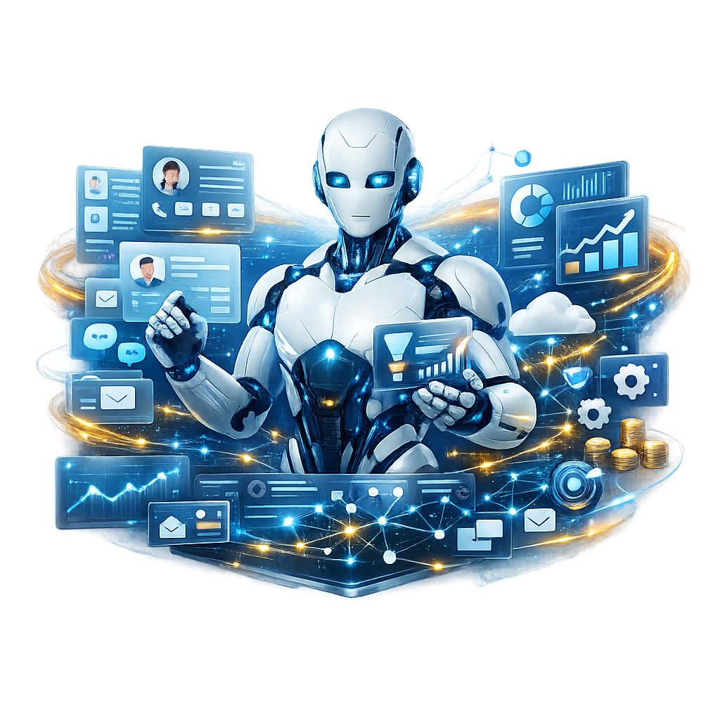 AI CRM Assistant PNG with transparent background featuring a futuristic AI robot managing customer relationships, sales automation, and CRM analytics.