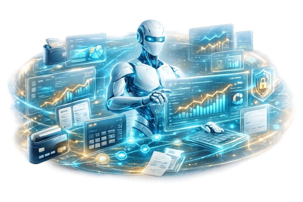 AI Finance Assistant PNG with transparent background featuring a futuristic AI financial advisor, budgeting dashboard, investment analytics, expense tracking, and holographic finance interface.