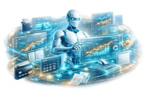 AI Finance Assistant PNG with transparent background featuring a futuristic AI financial advisor, budgeting dashboard, investment analytics, expense tracking, and holographic finance interface.