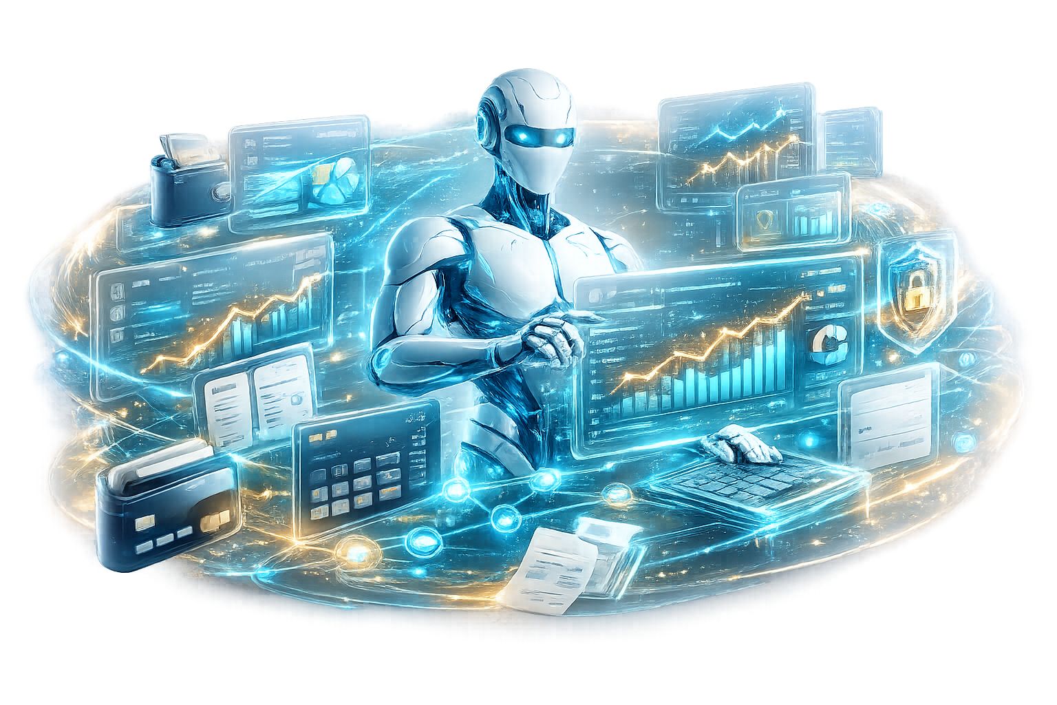 AI Finance Assistant PNG with transparent background featuring a futuristic AI financial advisor, budgeting dashboard, investment analytics, expense tracking, and holographic finance interface.