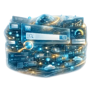 AI Keyword Research PNG with transparent background featuring a futuristic search interface, keyword clusters, SEO analytics, and AI-powered website optimisation.