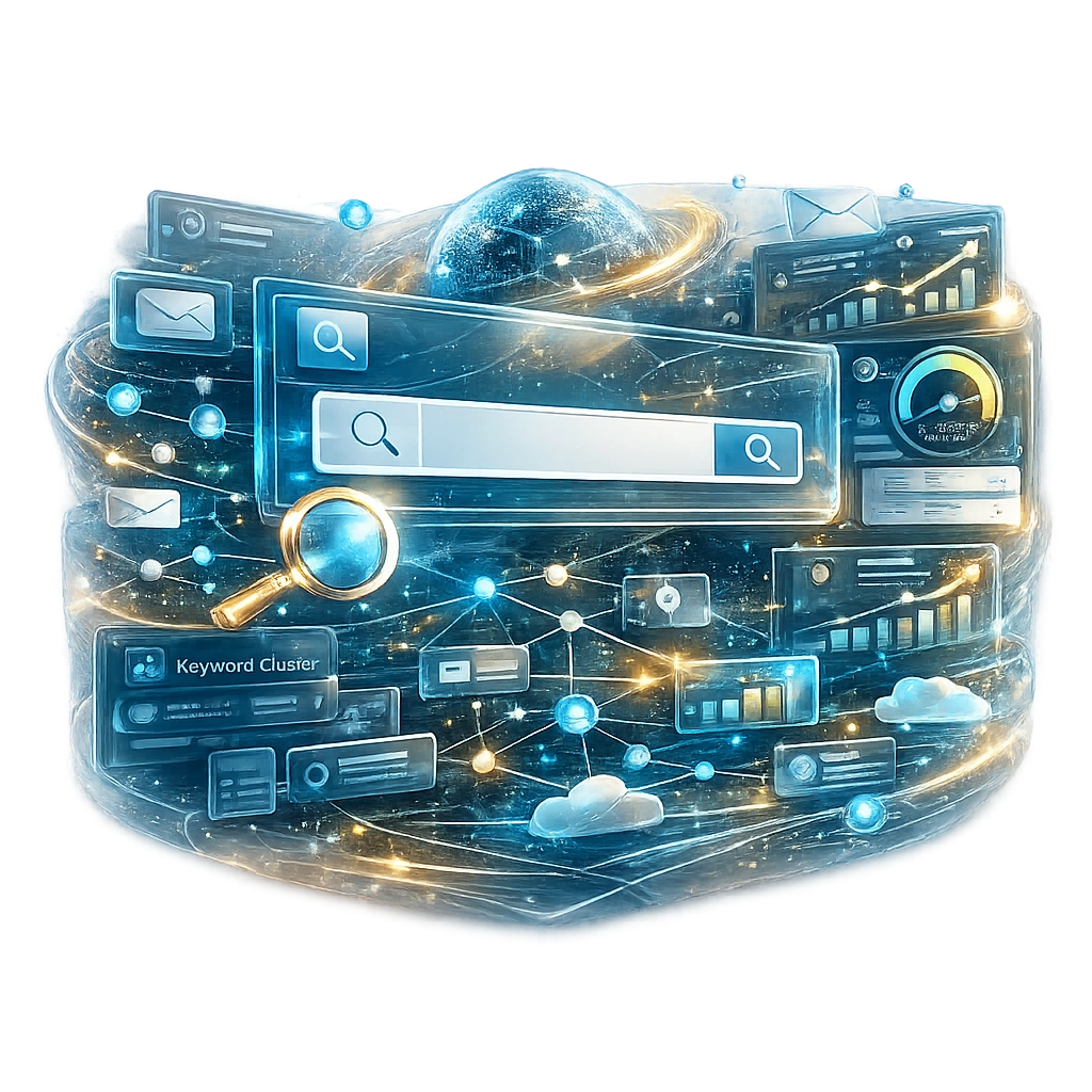 AI Keyword Research PNG with transparent background featuring a futuristic search interface, keyword clusters, SEO analytics, and AI-powered website optimisation.