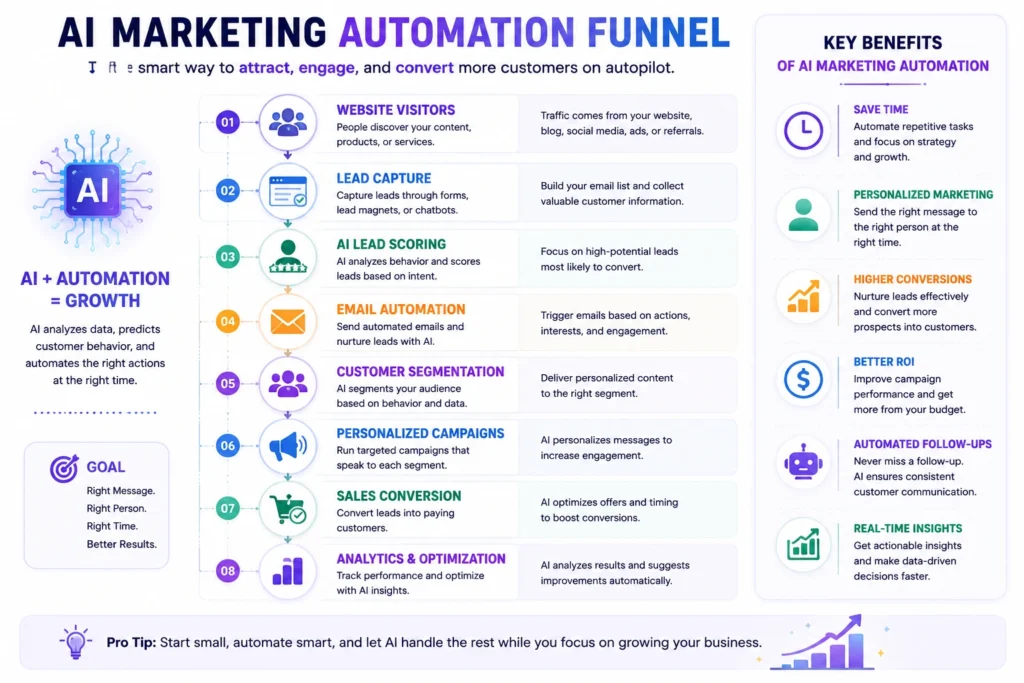 AI marketing automation funnel showing lead generation, email automation, customer segmentation, and sales conversion in 2026