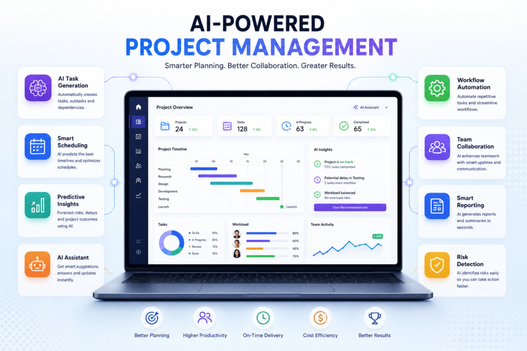 Infographic showing an AI-powered project management dashboard with smart scheduling, workflow automation, AI task generation, predictive insights, team collaboration, reporting, and risk detection features.