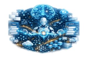 AI Prompt Engineering PNG with transparent background featuring a futuristic AI system, holographic prompt workflow, neural network connections, and intelligent AI reasoning.