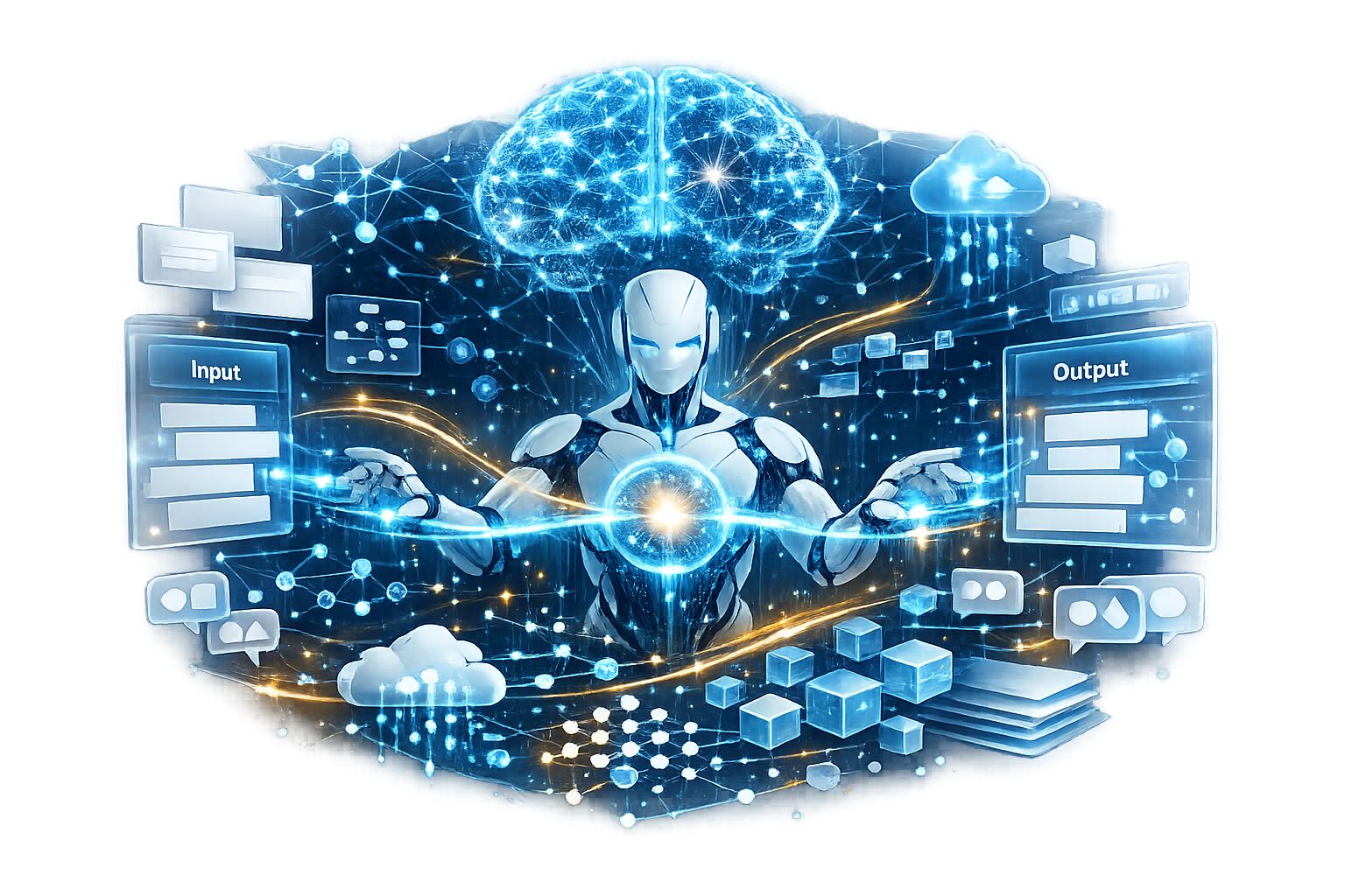 AI Prompt Engineering PNG with transparent background featuring a futuristic AI system, holographic prompt workflow, neural network connections, and intelligent AI reasoning.