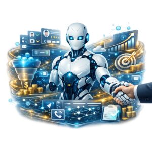 AI Sales Assistant PNG with transparent background featuring a futuristic AI robot managing sales automation, CRM workflows, lead generation, and business analytics.